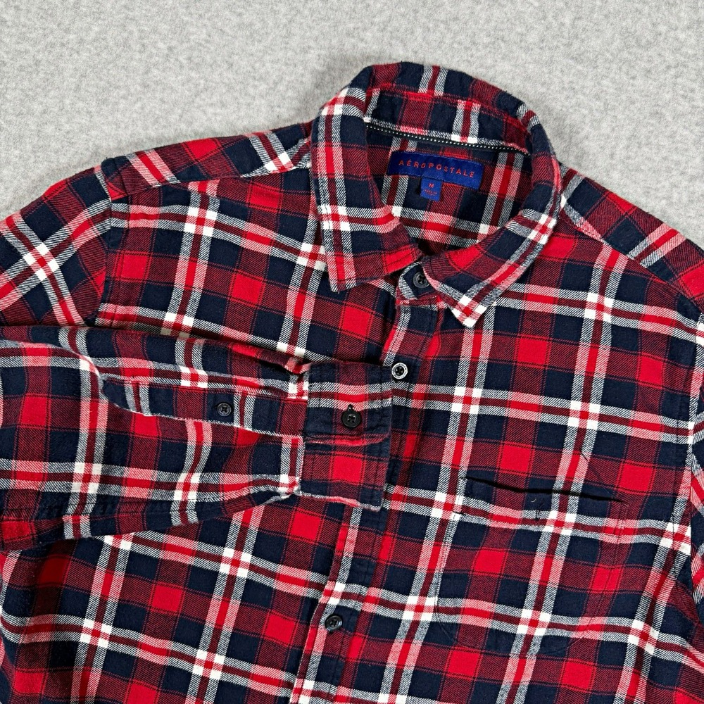 Aéropostale Men's M Red Navy White Plaid Cotton Flannel Long Sleeve Button-Up